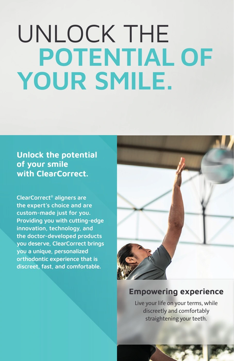 ClearCorrect® — Unlock the potential of your smile. Original artwork; complete text alongside.