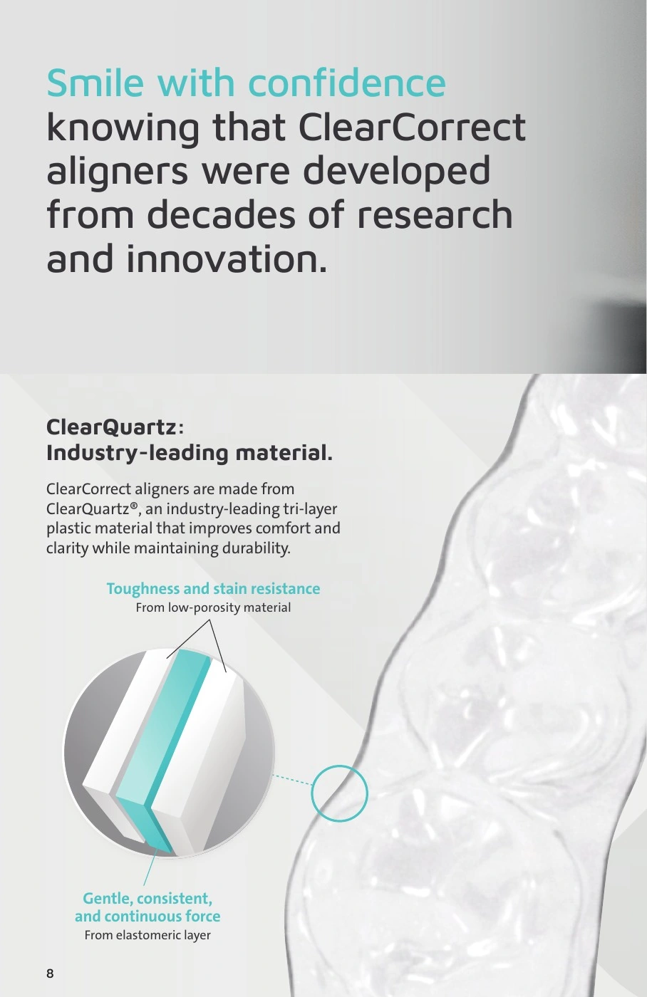 ClearCorrect® — ClearQuartz material. Original artwork; complete text alongside.