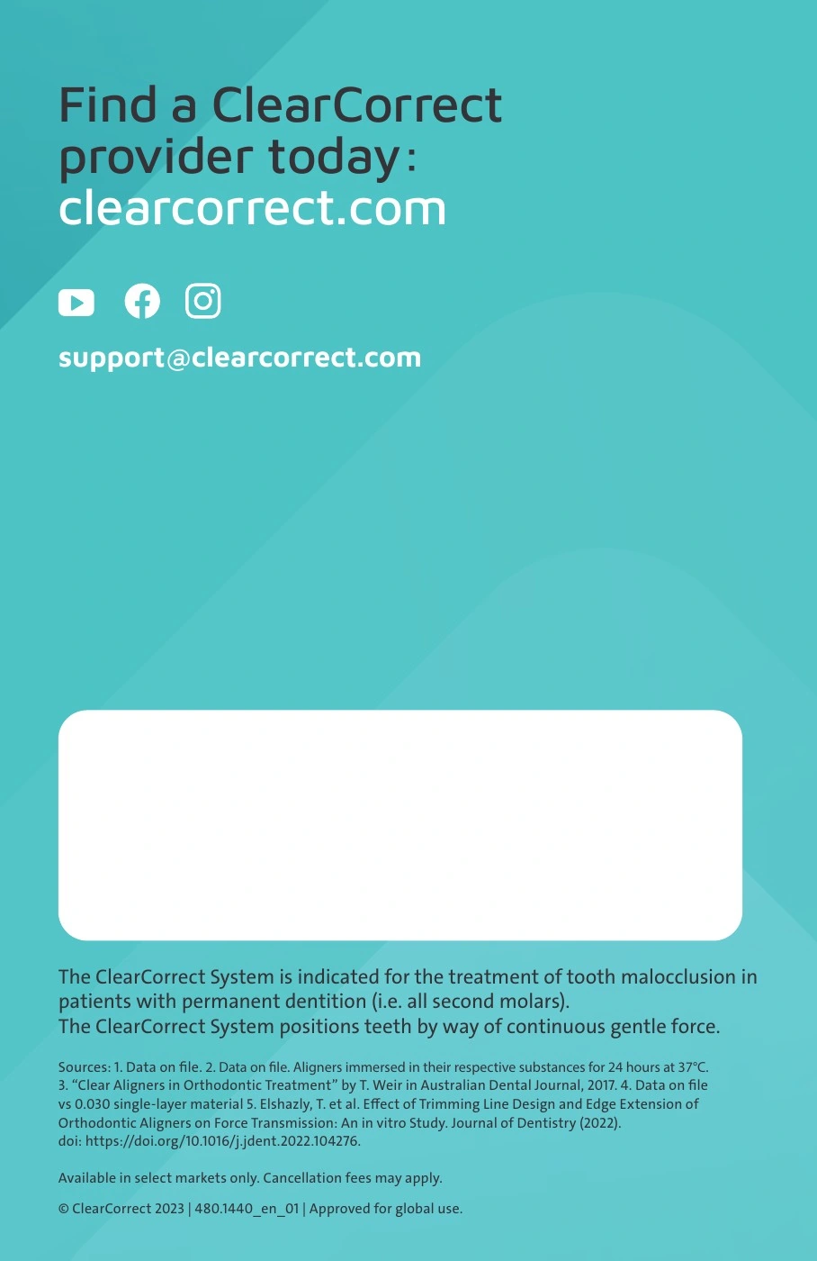 ClearCorrect® — Indications & sources. Original artwork; complete text alongside.